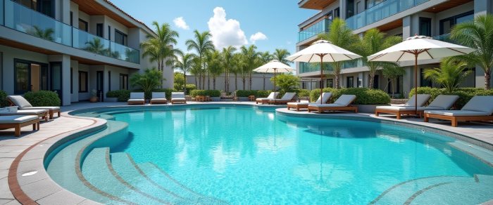 piscina apa palmieri umbrele soare relaxare